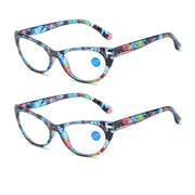 XINGNIAN Cat Eye Blue Floral Print Reading Glasses, Blue Light Blocking, +3.00 Magnification, Plastic Frame, Spring Hinge, Pack of 2