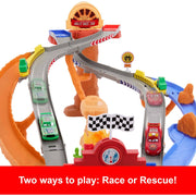 Mattel Disney Pixar Cars Race & Rescue Rescue Road Raceway Playset with Lightning McQueen, Chick Hicks, 2 Pitty Vehicles, Multicolor