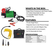Stop & Go W0002 12 volt Single Piston Tire Inflator - 7.5ft Alligator Clip Power Cord Hooks Up To Virtually Any 12V Battery