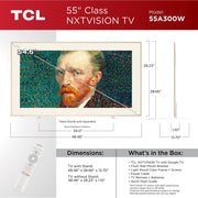 TCL NXTVISION 55 Class QLED 4K Smart TV, Matte Anti-Glare Screen, 144Hz Refresh Rate, White with Light Wood Frame, Flush Wall Mount Included, 55A303W