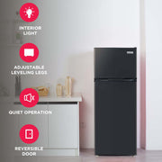 Frigidaire Top Mount Refrigerator, 7.5 Cu. Ft. Capacity, Black, Adjustable Glass Shelves, Transparent Vegetable Crisper, Adjustable Leveling Legs and Rear Castors