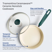 Tramontina Ceramaware 20-Piece Ceramic Nonstick Cookware Set, Green, Aluminum Construction, Tempered Glass Lids, Includes Silicone Trivets and Nylon Utensils