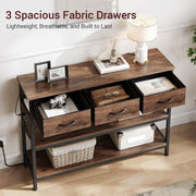 Valu4me Console Table with Power Outlets and USB Ports, Rustic Brown, 43.3 in, Narrow Sofa Table with 3 Fabric Drawers and 2 Open Shelves