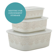 Pioneer Woman Vintage Lace 6-Piece Nesting Rectangular Stoneware Casserole Baking Dish Set with Snap-Shut Lids, Linen
