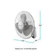 Comfort Zone 16-Inch Oscillating Wall Mount Fan with Adjustable Tilt, 3-Speed, White, CZ16W