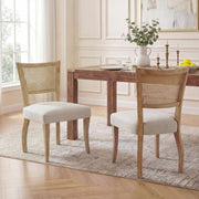 Christopher Knight Home Dining Chairs Set of 2 with Handwoven Rattan Cane Back, Beige Upholstered Seat, Natural Rubberwood Frame, Curved Legs, 204821