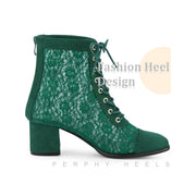 BLISSFUL STEP Women's Ankle Boots, Floral Lace Design, Square Toe, Lace-Up and Side Zip Closure, 2.4-Inch Block Heel, Green, Size 9