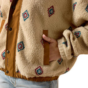 Ariat Women Sherpa Blocked Jacket, Classic Fit, Southwest Embroidered Motif, Cropped Aviator Style, 100% Recycled Polyester, Cozy Sherpa Lining, 10062815