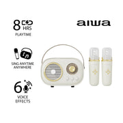 Aiwa AI6028 Retro Wireless Karaoke Speaker, Bluetooth, 5W Sound, Two Wireless Mics with Six Voice Modes, Beige