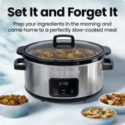 Chefman 7-Quart Digital Slow Cooker, Programmable 24-Hour Timer, Low High Warm Settings, Removable Ceramic Crock, Tempered Glass Lid, Stainless Steel, RJ15-7-SS-D