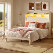 Bestier Queen Platform Bed Frame with 50.18 in Tall Wingback Corduroy Upholstered Storage Headboard, RGB LED Lights, USB and Type-C Charging Ports, Off-White