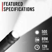 Coast HP3R Rechargeable Penlight, Twist Focus LED, 500 Lumens, Black, Aluminum Body