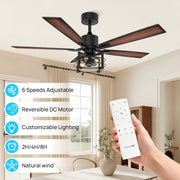 Consciot 52 Inch Farmhouse Ceiling Fan, Matte Black, 5 Reversible Wood Blades, Energy-Efficient DC Motor, Remote Control, Dimmable Light Kit, CL17006-WM