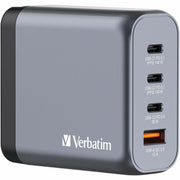 Verbatim 140W 4-Port GaN Wall Charger with USB-C PD and USB-A QC, Foldable US Prongs, Replaceable EU and UK Plugs, Black/Gray, 32203