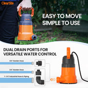 Cleartide Utility Pump, 8160 LPH Submersible Water Pump, 100% Copper Motor, Handles 1/8 Inch Solids, Dual Discharge Ports, 10 Ft Cord, Orange