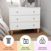 Buzz & Bloom Small Kids 3-Drawer Wood Dresser Chest, White and Natural, Child-Safe Interlocking Drawers, Solid Rubberwood Legs