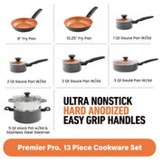 Gotham Steel Pro Premier Cookware Set, 13-Piece Hard Anodized Aluminum with Ti-Cerama Nonstick Coating, Bronze, Rubberized Handles, Oven and Dishwasher Safe, 8143