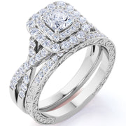 JeenMata Moissanite Double Halo Wedding Ring Set in 18K White Gold Silver Womens 1.25ct, Size: 9
