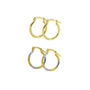 Brilliance Fine Jewelry 14K Gold Plated Sterling Silver Two-Tone Diamond Cut Hoop Earrings Set, 2 Pairs, Glossy Round Hollow Design, Yellow, GZM9-14KGP
