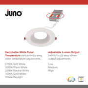 Juno LED Canless Recessed Downlight, 6-Inch, Matte White, Deep Regressed Baffle Trim, Switchable White Color Temperature, Adjustable Brightness, Pack of 6