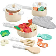 Fisher-Price HXT83 19 Pieces Wooden Pots & Pans Set for Preschool Kitchen Pretend Play