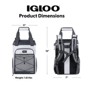 Igloo Marine Soft-Side Backpack Cooler, 28 Can Capacity, Water-Resistant Polyester, White and Gray, 11x7x16 in, 1.63 lb, 00063444