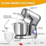 UHomePro Stand Mixer, 10 Speeds with Pulse, 350W Pure Copper Motor, 4.5QT Stainless Steel Bowl, 5QT Plastic Bowl, Tilt-Head, Dishwasher Safe Accessories, Silver
