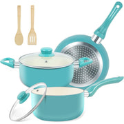 M MELENTA Pots and Pans Set, 7 Piece Nonstick Ceramic Cookware Set, Turquoise - 100% PFOA Free