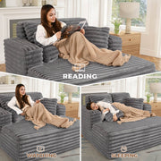 Muumblus Oversized Chaise Lounge Chair, Plush Corduroy Upholstered, Queen Sofa Bed, Reclining, Mid-Century Modern, Gray