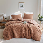 Regency Heights Full/Queen Quilted Comforter Set, Plush Teddy Texture, Double Diamond Pattern, Medium-Weight Fill, Brown, 3-Piece