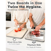 TIBO Titanium Cutting Board with Integrated Knife Sharpener, Dual-Sided Titanium and Wheat Straw PP Surface, Non-Slip Silicone Edges, 14.3 in L x 9.8 in W