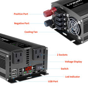 LVYUAN 1500W Power Inverter, Modified Sine Wave, Dual AC Outlets, Dual USB Ports, Digital LED Display, Black, L-WA-US00011B