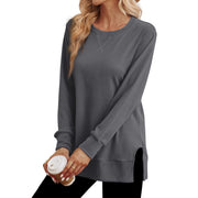 MOSHU Crewneck Sweatshirts for Women Side Split Long Sleeve Shirts Fashion Fall Womens Tops, M, Gray - Comfortable