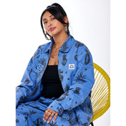 Hija De Tu Madre Unisex Zip-Up Jacket, Dutch Blue, Sacred Heart Graphic, 100% Cotton Twill, Relaxed Fit, Sizes XS-3XL