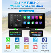 Carpuride Wireless Bluetooth Transmitter Portable Car Stereo with 11.3-Inch HD IPS Touchscreen, Dual Bluetooth, Voice Control, Multiple Audio Outputs, W103Pro