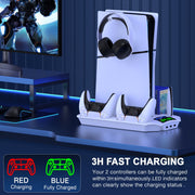 Qixun Tech PS5 Stand Cooling Fan with Dual Controller Charger Dock and Headset Holder, White, Compatible with PS5 Slim Digital Disc Pro, Q183