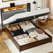 GUNAITO WAL-HB071 Lift Up Storage Platform Bed Frame With Wingback Upholstered Headboard, Charging Station & LED Lights