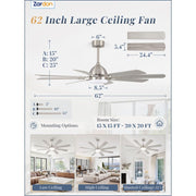 Zardon 62 in Nickel Modern Ceiling Fan with Light, Remote Control, Reversible Quiet DC Motor, 6-Speed, Timer, LED Lighting, Dual-Finish Blades