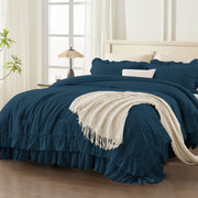 ANGENIA Full Size Comforter Set, Soft Washed Microfiber, Navy Blue, 3 Pieces with Ruffle Fringe