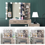 Ktaxon Vanity Set, Makeup Table with Sliding Mirror, Adjustable 3-Color LED Lighting, Built-In Power Strip with USB Ports, 6 Drawers, 2 Shelves, Padded Stool, Retro Gray