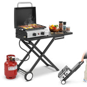 Ktaxon 2 Burner Propane Griddle Flat Top Gas Grill, 20000 BTU, Ceramic-Coated Cast Iron Pan, Portable with Lid, Side Shelves, Wheels