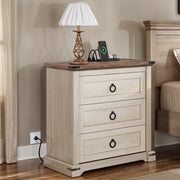 Dextrus Farmhouse Nightstand with Built-In Charging Station, 3 Drawers, Antique White