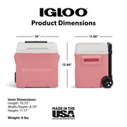 Igloo 16 QT Laguna Wheeled Hard-Sided Ice Chest Cooler, Coral Pink, 35251