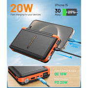 BLAVOR Solar Charger Power Bank, 46800mAh, 20W Fast Charging, Qi Wireless, Built-In Cables, 5 Solar Panels, IPX4 Water-Resistant, Flashlight and Compass, W09