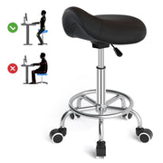 OUTMASTER Saddle Stool with Wheels, Ergonomic Wide PU Leather Seat Cushion, Adjustable Height 19-24.5 in, 360 Swivel, Black