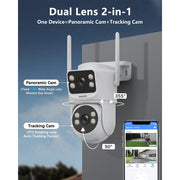 OOSSXX Dual Lens Security Camera Outdoor, 4MP HD, 360 PTZ and Fixed Dual-View, Dual-Band WiFi, IP65 Waterproof, White, 2-Pack