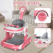 RICHYOUNG 5-in-1 Foldable Baby Walker with Music, Height Adjustable Push Walker, Car-Themed Toy, Pink