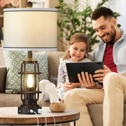 Cinkeda Modern Table Lamps Set of 2, Black Industrial Metal Frame, Beige Linen Shade, 3-Way Dimmable Touch Nightlight, USB A+C Ports, AC Outlet, 25.3 in WM-TD242
