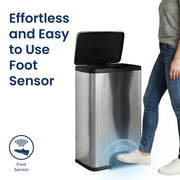 Nine Stars Automatic Trash Can, 13 Gallon, Brushed Stainless Steel, Foot Motion Sensor, Soft Close Lid, Silver, DZT-50-53