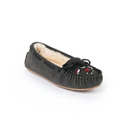 Minnetonka Cally Thunderbird Animikii Women's Slippers, Genuine Suede Upper, Plush Pile Lining, Rawhide Lace, Rubber Outsole, Charcoal, Size 6 M
